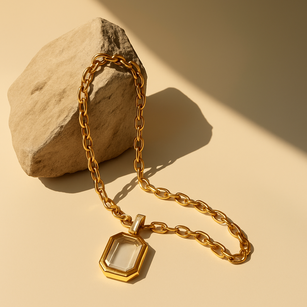 Aureo™ Golden Link Chain Necklace with Octagon Glass Pendant
