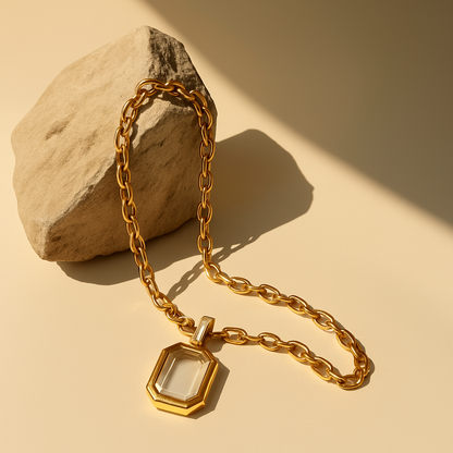 Aureo™ Golden Link Chain Necklace with Octagon Glass Pendant