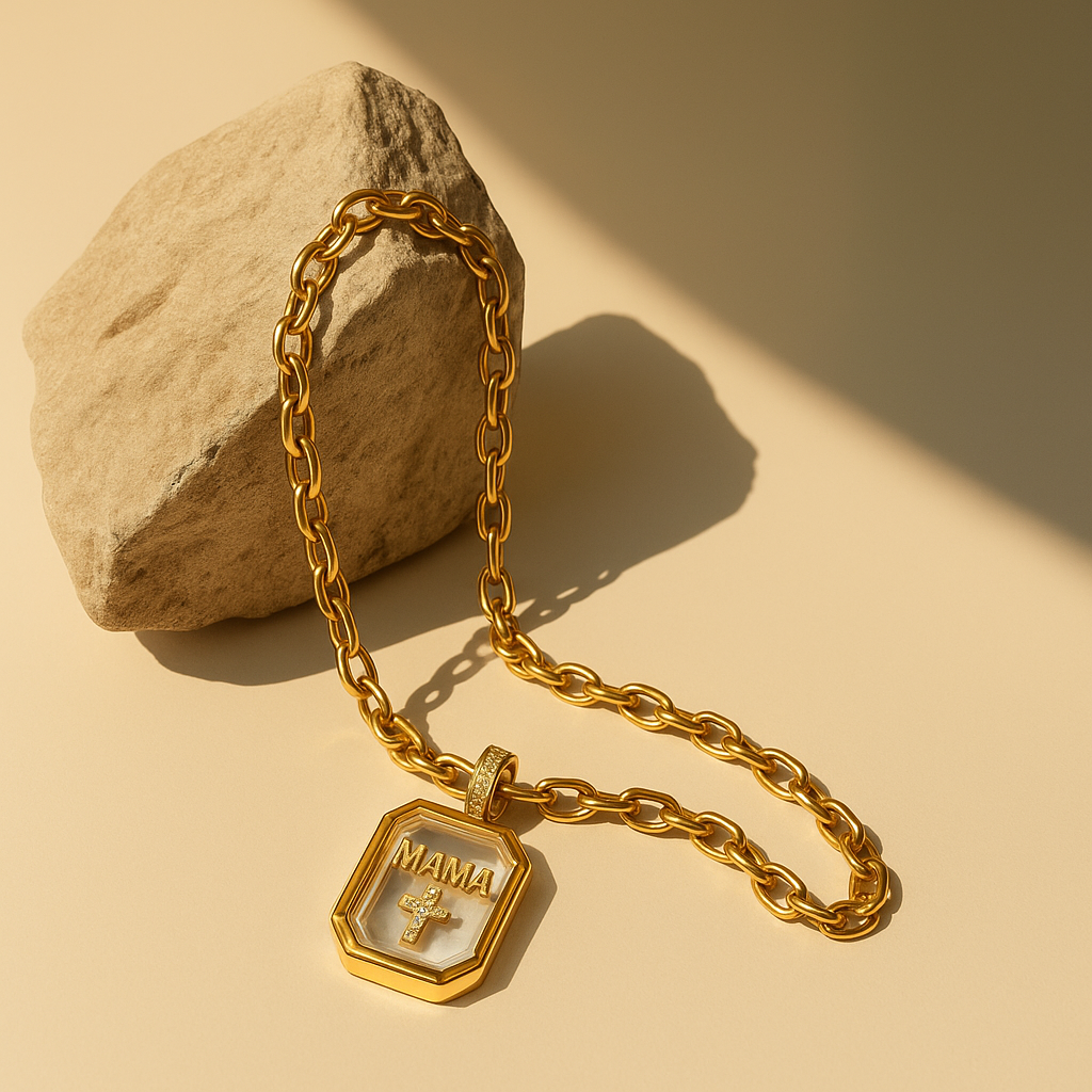 Aureo™ Golden Link Chain Necklace with Octagon Glass Pendant